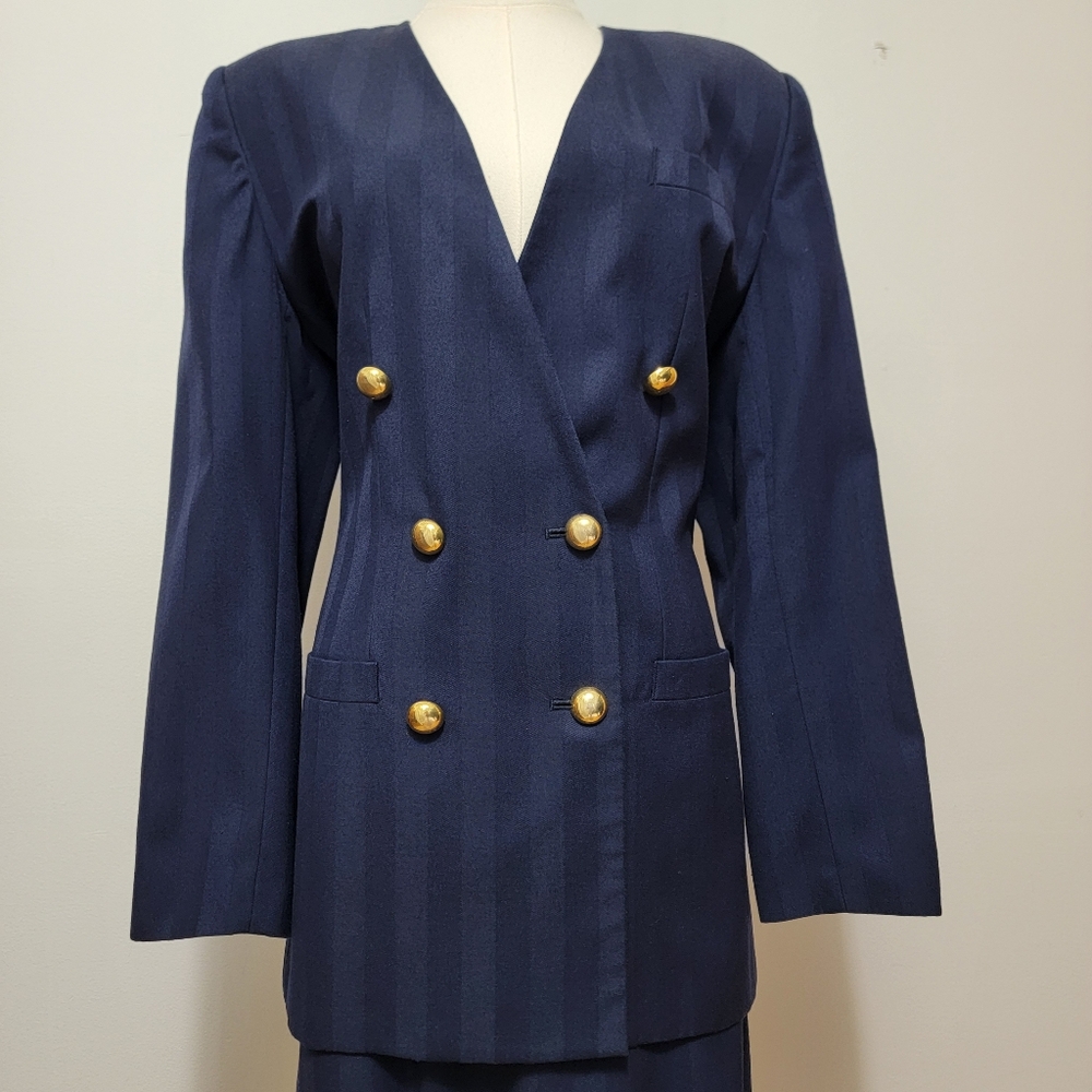 Vintage 80's Retro Double Breasted Navy Blue Marine Style Skirt Suit Corpcore